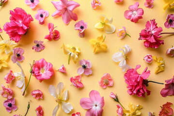 Gorgeous spring and summer blooms rest on a soft yellow backdrop, creating a border for text or artwork
