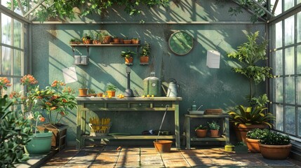 Lush Greenhouse Oasis Exotic Plants Gardening Tools and Business Cards