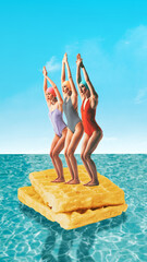 Three women in colorful swimsuit and caps standing on waffle and diving into sea. Contemporary art...