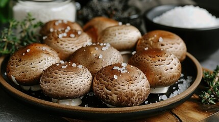    close-up mushroom dish on a table, surrounded by salt and pepper shakers