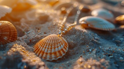 A seashell necklace lies on a sandy beach bathed in sunlight, summer vacation.