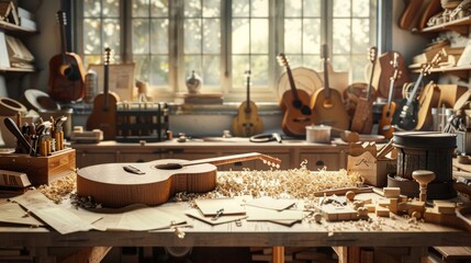 Artisan Luthier's Workbench Crafted Guitar Bodies Wood Shavings and Tools Handcrafted Music Instrument Workshop Scene