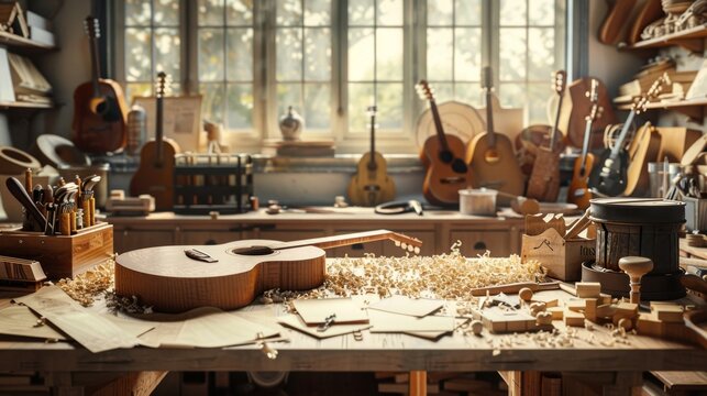 Artisan Luthier's Workbench Crafted Guitar Bodies Wood Shavings and Tools Handcrafted Music Instrument Workshop Scene - Powered by Adobe
