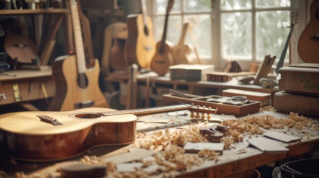 Artisan Luthier's Workbench Crafted Guitar Bodies Wood Shavings and Tools Handcrafted Music Instrument Workshop Scene