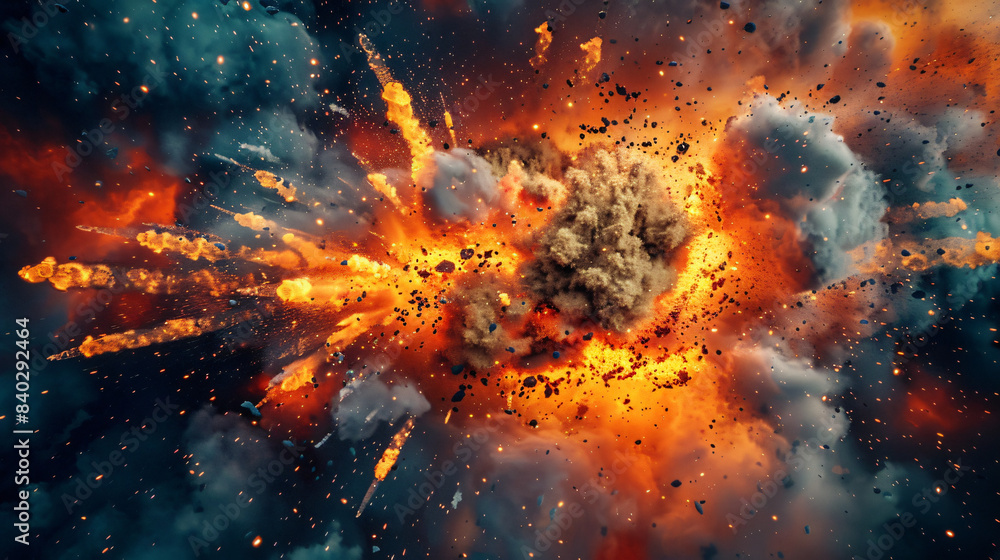 Poster illustration of a dramatic explosion with fiery debris in outer space