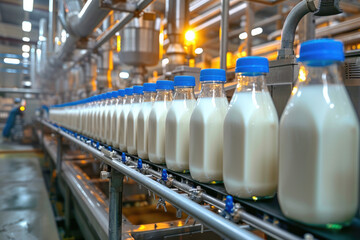 A selective focus shot of complete milk bottling line in a factory