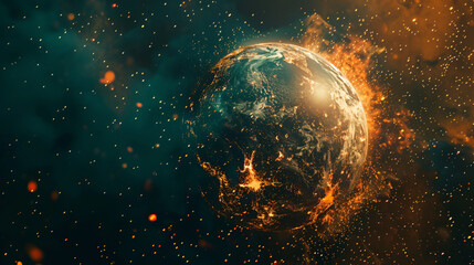 Stunning illustration of earth with fiery special effects, symbolizing global warming
