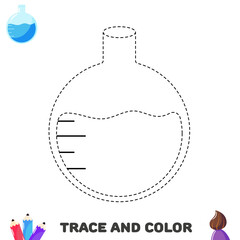 Handwriting practice for kids. Trace and color test tube with liquid. School supplies
