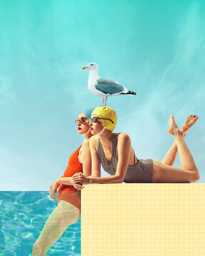 Two beautiful women in vintage swimsuits cap and sunglasses enjoying sea view with seagull. Contemporary art collage. Concept of summer, vacation, relaxation, fashion. Retro style. Creative design.