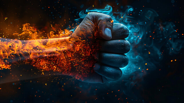 Fiery fist exudes strength and energy, surrounded by vibrant flames and smoke