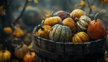 A basket full of pumpkins with some leaves on the ground - Powered by Adobe