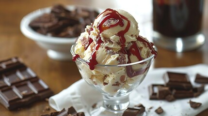   A bowl of ice cream in a glass, alongside chocolate chunks and a glass of milkshake