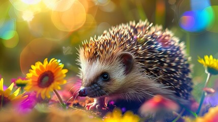 An animal, a hedgehog, explores a vibrant garden filled with colorful flowers and warm sunlight.