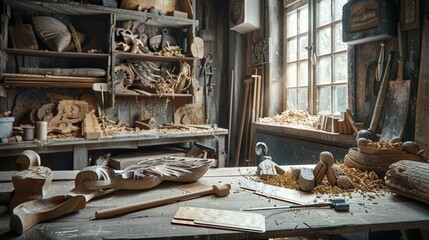 Artisan's Haven Handcrafted Woodcarvings Chisels and Sculptures in Masterful Studio Setting