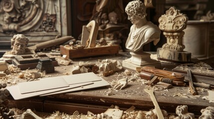 Fototapeta premium Artisan's Haven Handcrafted Woodcarvings Chisels and Sculptures in Masterful Studio Setting