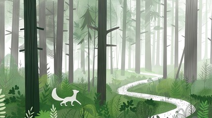   A painted road, dog jogging beside it, in forest background