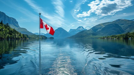 Canadian flag flying from a boat on a scenic lake, surrounding mountains. Canada Day, Civic Holiday