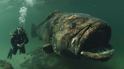 Giant monstrous abysmal fish with open mouth and by a diver