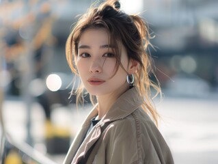 Stylish Korean Woman Posing in Urban Setting. Generative AI.