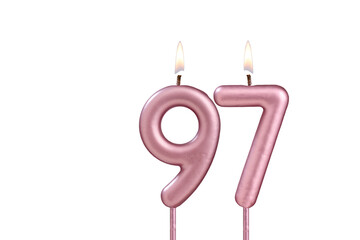 Lit birthday candle - Candle number 97 on white background