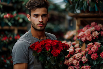 Handsome man in apron holding bouquet with red roses.