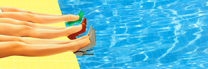 Female legs in colorful heels lying near swimming pool and sunbathing. Contemporary art collage....