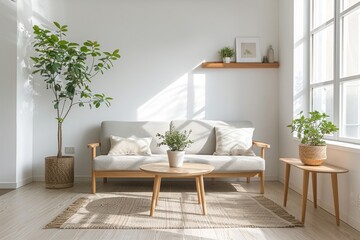 Modern Minimalist Living Room with Gray Sofa and Indoor Plant Accents