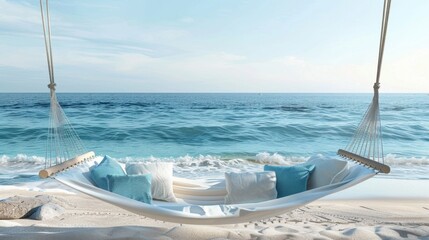 Obraz premium Serenity in the Sand Tranquil White Hammock with Sea Blue Pillows and Ocean View