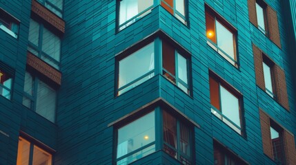 Obraz premium modern corner apartment complex with blue accents , luxury corner apartments with blue balcony