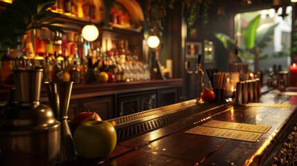 Mixologist's Haven Blank Business Cards Cocktail Shakers and Exotic Fruits in a Dimly Lit Bar