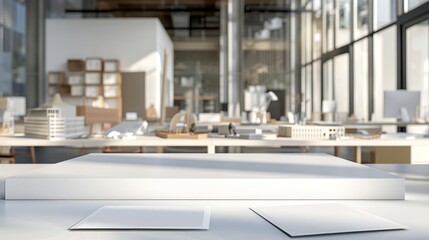 Innovative Architectural Workspace Blank Business Cards on Minimalist Desks in Modern Glass Office Design and Creativity Concept