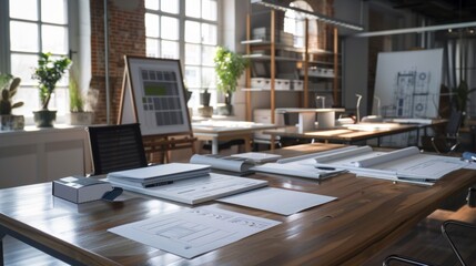 Fototapeta premium Architect's Vision Futuristic Designs and Creative Workspace in Modern Drafting Room