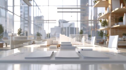 Obraz premium Innovative Architectural Workspace Blank Business Cards on Minimalist Desks in Modern Glass Office Design and Creativity Concept