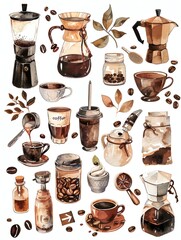 A collection of coffee-themed stickers with monochrome outlines