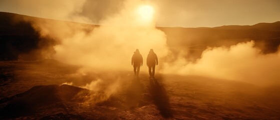 Obraz premium Two people walking in a misty, foggy landscape during sunset, creating a hauntingly beautiful and serene atmosphere.