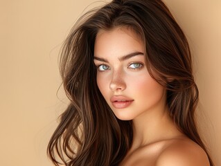 Naklejka premium Shiny Hair Beauty Woman. Young Model Showing Glossy Silky Hairstyle. Fashion Girl Portrait with Natural Make up and Hairdo over Beige Background