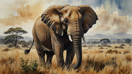 Fototapeta premium Watercolor painting: A majestic elephant roaming the African savanna, its powerful trunk effortlessly pulling up grasses and shrubs to feed on,
