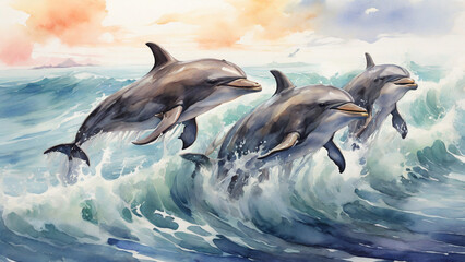 Fototapeta premium Watercolor painting: A pod of dolphins leaping gracefully through the waves, their playful antics delighting all who witness them,