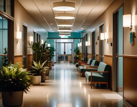 Warmly lit hospital corridor with glass doors and a cozy ambiance, featuring plants and comfortable seating areas, creating a welcoming environment.