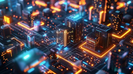 Fototapeta premium 3d render of Cyber punk night city landscape concept. Light glowing on dark scene. Night life. Technology network for 5g. Beyond generation and futuristic of Sci-Fi Capital city and building scene.