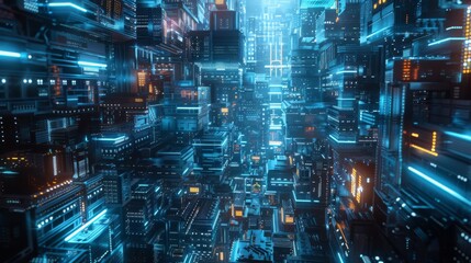 Obraz premium 3d render of Cyber punk night city landscape concept. Light glowing on dark scene. Night life. Technology network for 5g. Beyond generation and futuristic of Sci-Fi Capital city and building scene.