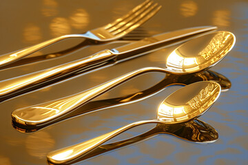 golden fork and spoon, A set of elegant gold flatware, featuring a spoon and fork, arranged beautifully on a polished surface