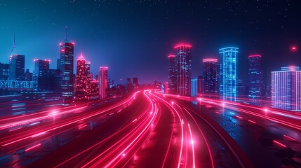 Obraz premium 3d rendering cityscape with red and light blue light trail on road. Concept city, downtown district, town at night with bright neon light.