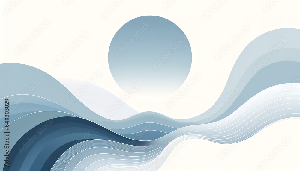 Poster minimalist wave pattern in soft blues and whites, gentle curves creating a sense of calm and movemen