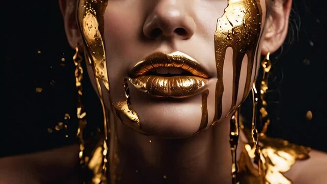 Beautiful girl, lips, gold paint flows down