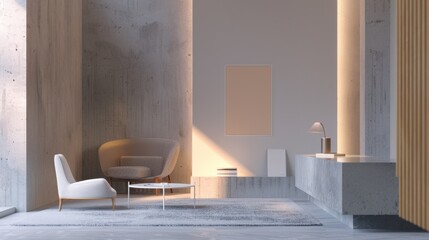 Minimalist Architectural Studio with Blank Business Cards Model Renderings and Modern Furniture Creative Workspace Concept