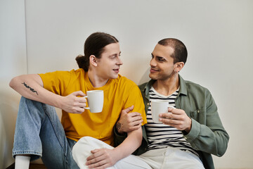 A young gay couple enjoys a relaxing morning together in their apartment, sipping coffee and...