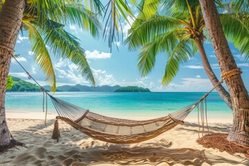 Hammock between two palm trees on a tropical beach