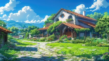 Naklejka premium a serene landscape featuring a house with a red and brown roof, surrounded by a green tree and a blue sky with white clouds