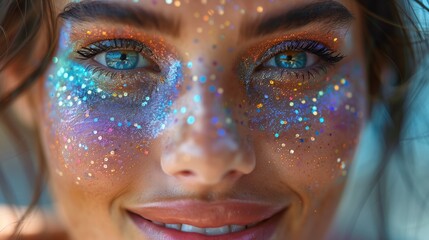 Sparkly Makeup at Pride Festival. Close-up of a woman's face with sparkly, colorful makeup, celebrating at a pride festival, showing joy and artistic expression.